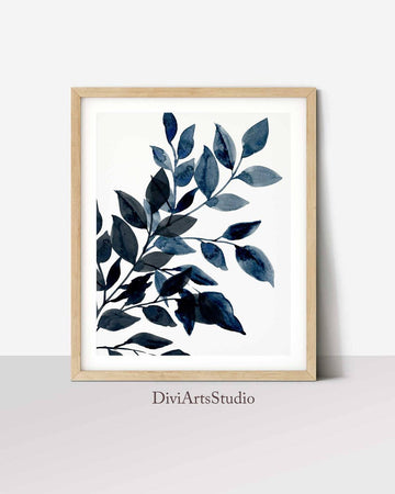Abstract Blue Leaf Prints, Botanical Leaf Print Art in Navy Blue